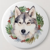 Siberische Husky Kerstkrans Feestelijke Pup Ronde Button 6,0 Cm (Voorkant)