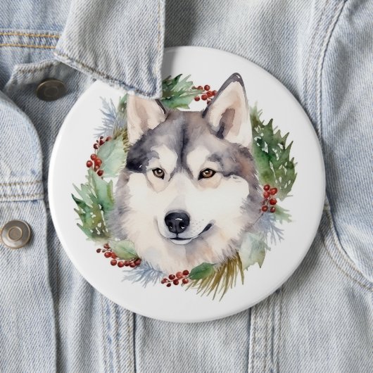Siberische Husky Kerstkrans Feestelijke Pup Ronde Button 6,0 Cm (In situ)