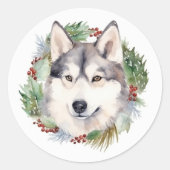 Siberische Husky Kerstkrans Feestelijke Pup Ronde Sticker (Voorkant)