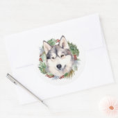 Siberische Husky Kerstkrans Feestelijke Pup Ronde Sticker (Envelop)
