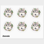 Siberische Husky Kerstkrans Feestelijke Pup Ronde Sticker (Vel)