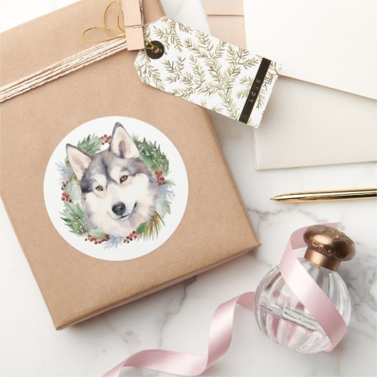 Siberische Husky Kerstkrans Feestelijke Pup Ronde Sticker (Geschenken)