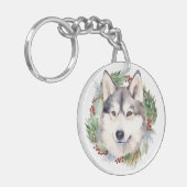 Siberische Husky Kerstkrans Feestelijke Pup Sleutelhanger (Voorkant Links)