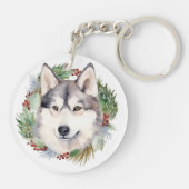 Siberische Husky Kerstkrans Feestelijke Pup Sleutelhanger (Achterkant)