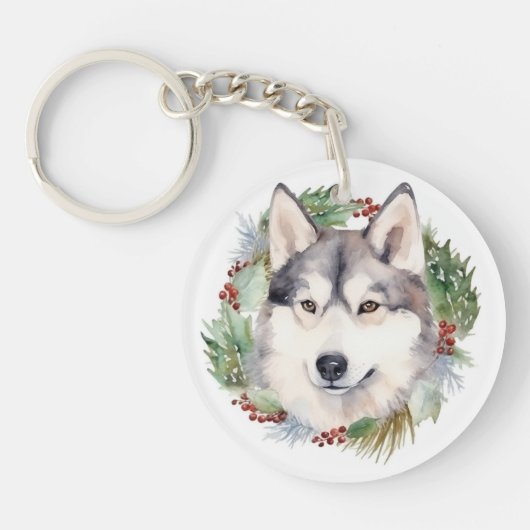 Siberische Husky Kerstkrans Feestelijke Pup Sleutelhanger (Voorkant)