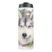 Siberische Husky Kerstkrans Feestelijke Pup Thermosbeker (Voorkant)