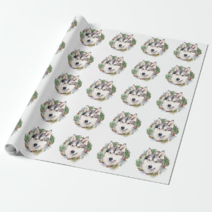 Siberische Husky Kerstkrans Festieve Pup Cadeaupapier