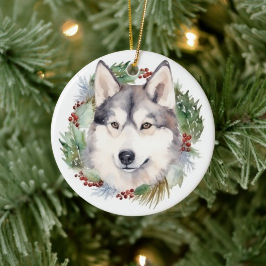 Siberische Husky Kerstkrans Festieve Pup Keramisch Ornament (Boom)