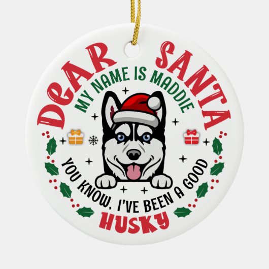 Siberische Husky Kerstman aangepaste hondennaam Keramisch Ornament (Voorkant)