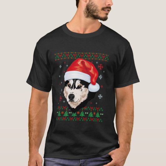 Siberische Husky Kerstman Lelijke Trui Hond T T-shirt (Voorkant)