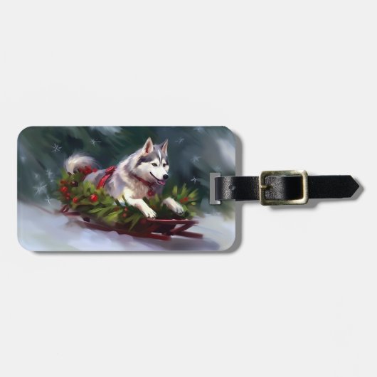 Siberische Husky Kerstsneeuw winter Bagagelabel (Voorkant horizontaal)