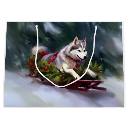 Siberische Husky Kerstsneeuw winter Groot Cadeauzakje (Voorkant)