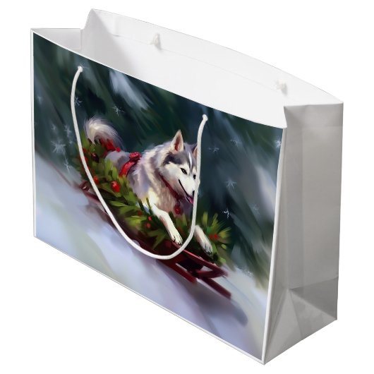 Siberische Husky Kerstsneeuw winter Groot Cadeauzakje (Achterkant Gekanteld)