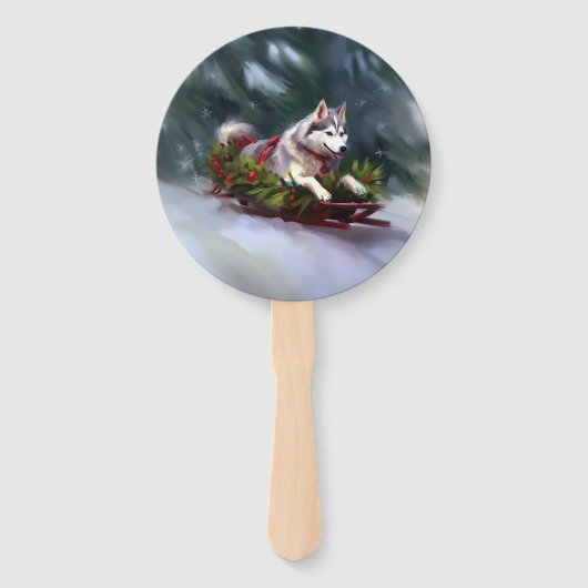 Siberische Husky Kerstsneeuw winter Handwaaier (Voorkant)