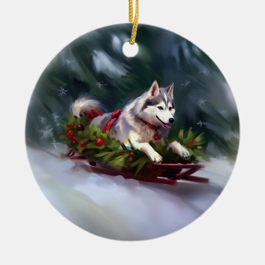 Siberische Husky Kerstsneeuw winter Keramisch Ornament (Voorkant)
