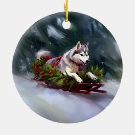 Siberische Husky Kerstsneeuw winter Keramisch Ornament (Achterkant)