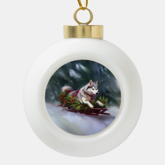 Siberische Husky Kerstsneeuw winter Keramische Bal Ornament (Voorkant)