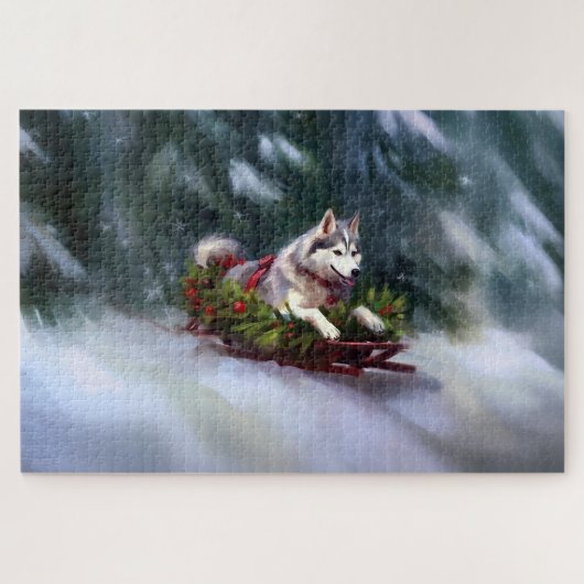 Siberische Husky Kerstsneeuw winter Legpuzzel (Horizontaal)