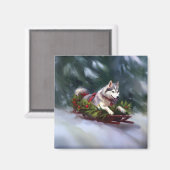 Siberische Husky Kerstsneeuw winter Magneet (Voorkant / Achterkant)