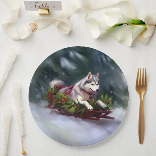 Siberische Husky Kerstsneeuw winter Papieren Bordje (Huwelijk)
