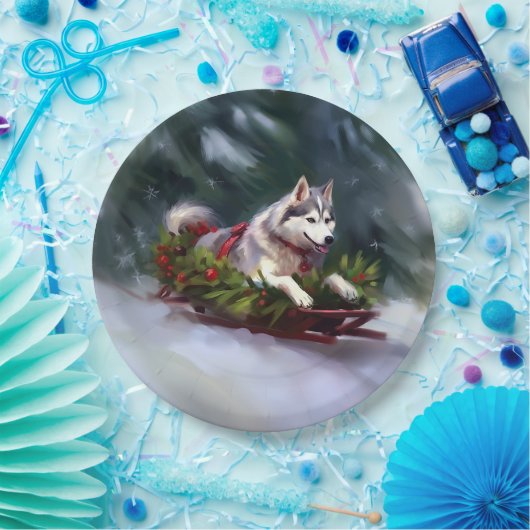 Siberische Husky Kerstsneeuw winter Papieren Bordje (Feest)