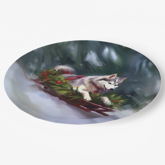 Siberische Husky Kerstsneeuw winter Papieren Bordje (Gekanteld)