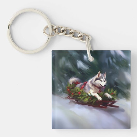 Siberische Husky Kerstsneeuw winter Sleutelhanger (Voorkant)