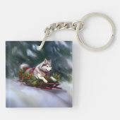 Siberische Husky Kerstsneeuw winter Sleutelhanger (Achterkant)