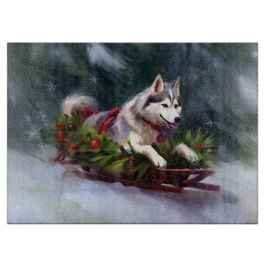 Siberische Husky Kerstsneeuw winter Snijplank (Voorkant)