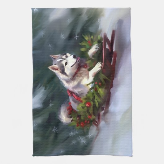 Siberische Husky Kerstsneeuw winter Theedoek (Verticaal)