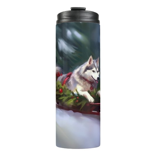 Siberische Husky Kerstsneeuw winter Thermosbeker (Voorkant)