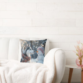 Siberische Husky kijkt naar een sneeuwman Kussen