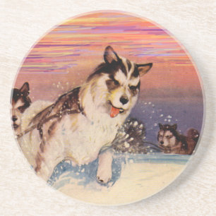 Siberische husky leed dogs die hun ding doen zandsteen onderzetter