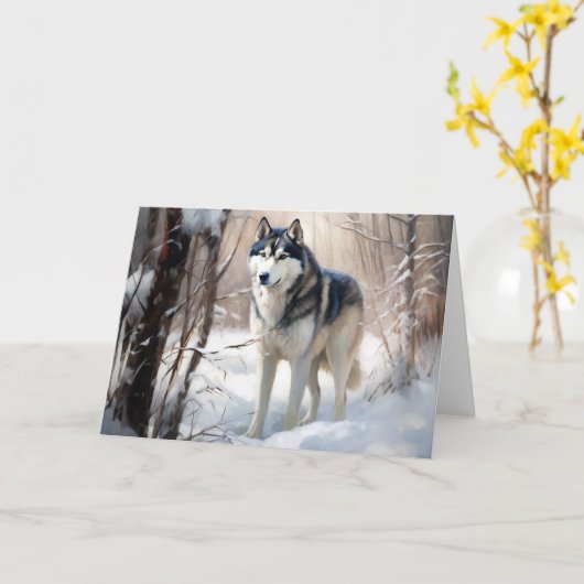 Siberische Husky liet het sneeuwKerstmis Kaart (Gele Bloem)