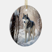 Siberische Husky liet het sneeuwKerstmis Keramisch Ornament (Rechts)