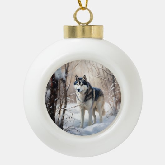 Siberische Husky liet het sneeuwKerstmis Keramische Bal Ornament (Voorkant)