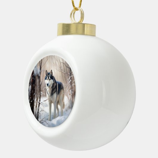 Siberische Husky liet het sneeuwKerstmis Keramische Bal Ornament (Rechts)