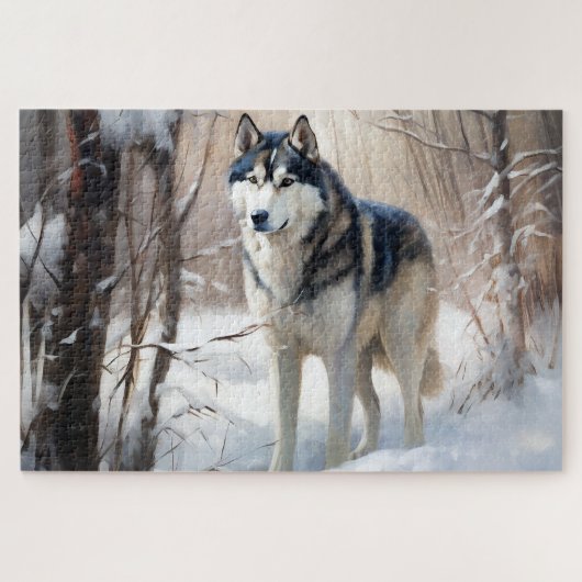 Siberische Husky liet het sneeuwKerstmis Legpuzzel (Horizontaal)