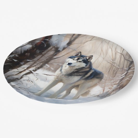 Siberische Husky liet het sneeuwKerstmis Papieren Bordje (Gekanteld)