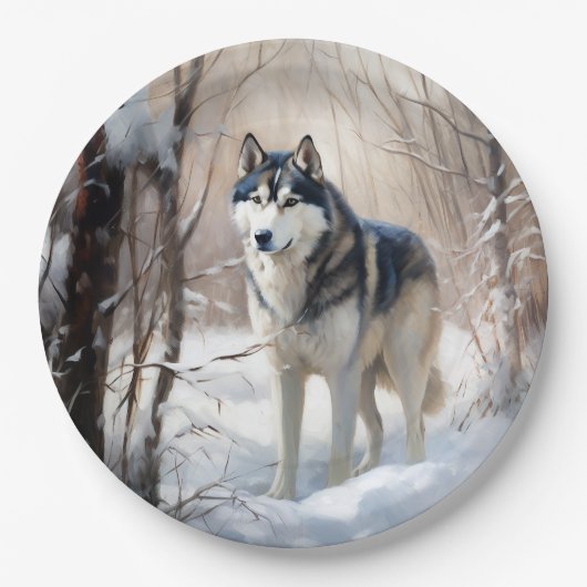 Siberische Husky liet het sneeuwKerstmis Papieren Bordje (Voorkant)