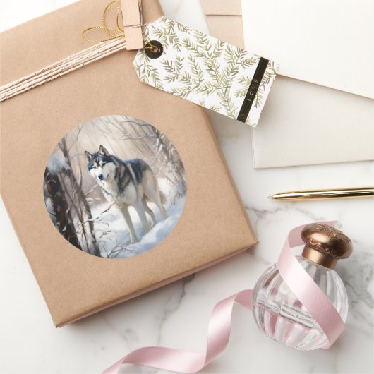 Siberische Husky liet het sneeuwKerstmis Ronde Sticker (Geschenken)