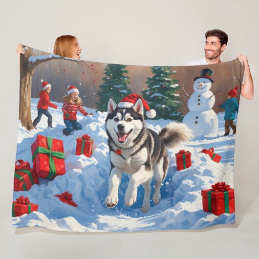 Siberische Husky loopt in de sneeuw met kerst Pet Fleece Deken (In situ)