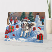 Siberische Husky loopt in de sneeuw met kerst Pet Kaart (Voorkant)