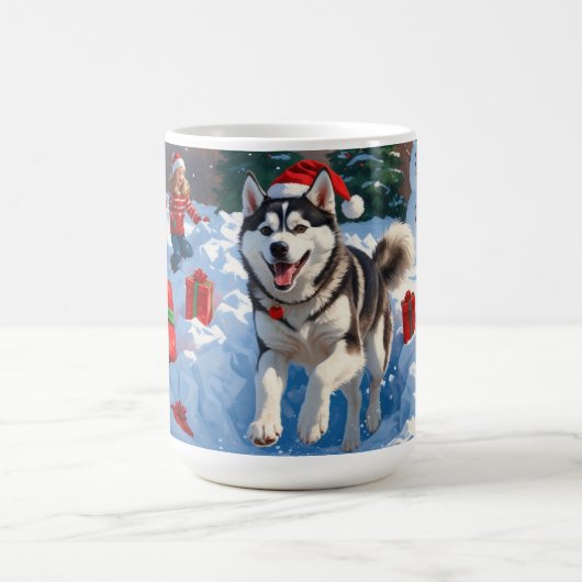 Siberische Husky loopt in de sneeuw met kerst Pet Koffiemok (Center)