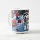 Siberische Husky loopt in de sneeuw met kerst Pet Koffiemok (Voorkant links)