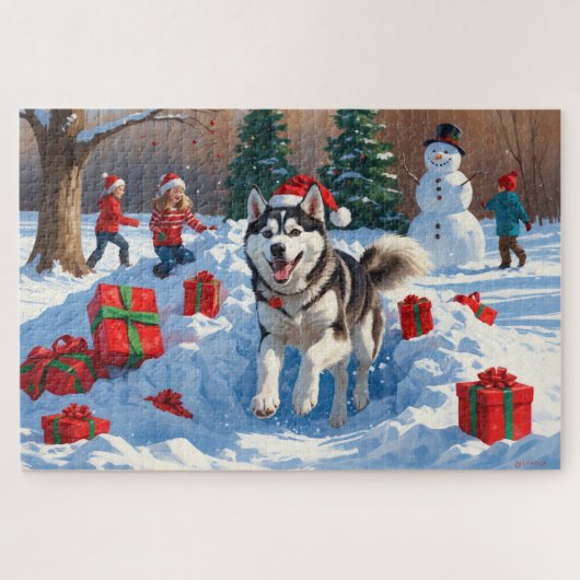 Siberische Husky loopt in de sneeuw met kerst Pet Legpuzzel (Horizontaal)