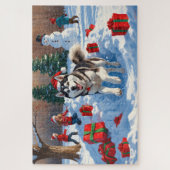 Siberische Husky loopt in de sneeuw met kerst Pet Legpuzzel (Verticaal)