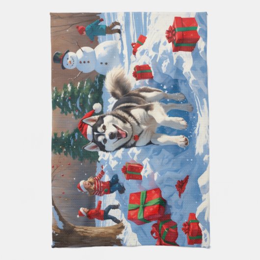 Siberische Husky loopt in de sneeuw met kerst Pet Theedoek (Verticaal)