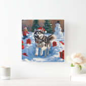 Siberische Husky loopt in de sneeuw met kerst Pet Vierkante Klok (Huis)