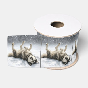 Siberische Husky Maakt een Sneeuwengel Grosgrain Lint